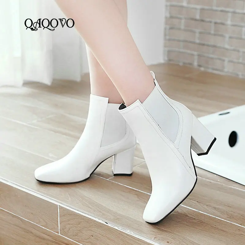 

Female Fashion Chelsea Boots Comfort Thick High Heel Ankle Boots Square Toe Slip On Autumn Winter Shoes Women 2019 White Black