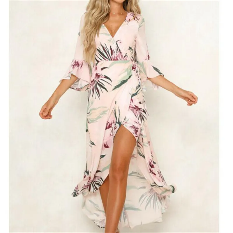 

Women's Bohemian Long Dress Floral Summer Beach Sundress New Sexy 3/4 Ruffles Sleeves Dresses Ladies' Summer Fashion Vestido Hot