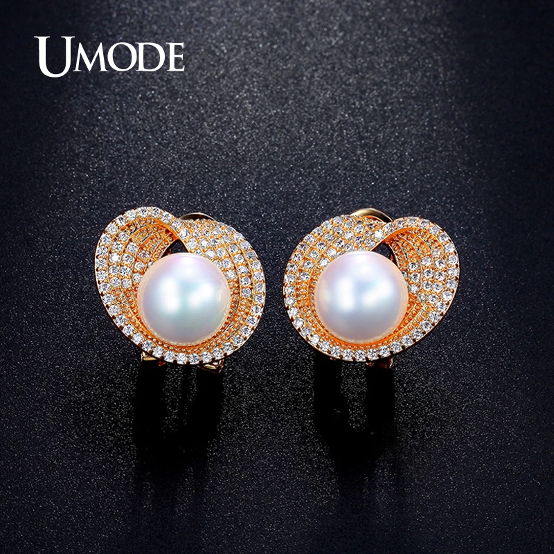 

UMODE 10mm Shell Powder Synthetic Pearl Tiny Cubic Zirconia Gold-color French Clip Stud Earrings for Women Brincos UE0189A