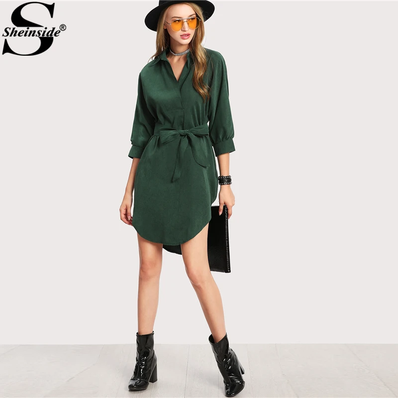 Sheinside, зеленое платье-рубашка, женское платье с отложным воротником, рукав 3/4, с поясом, асимметричное короткое платье, летнее офисное платье