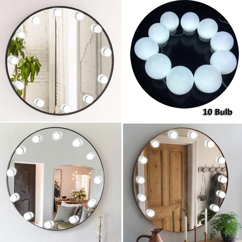 EU US Plug Makeup Mirror Hollywood Vanity LED Bulb Stepless Dimmable Touch Plug In Wall Lamps 10 Bulb DIY White Light Waterproof (12)