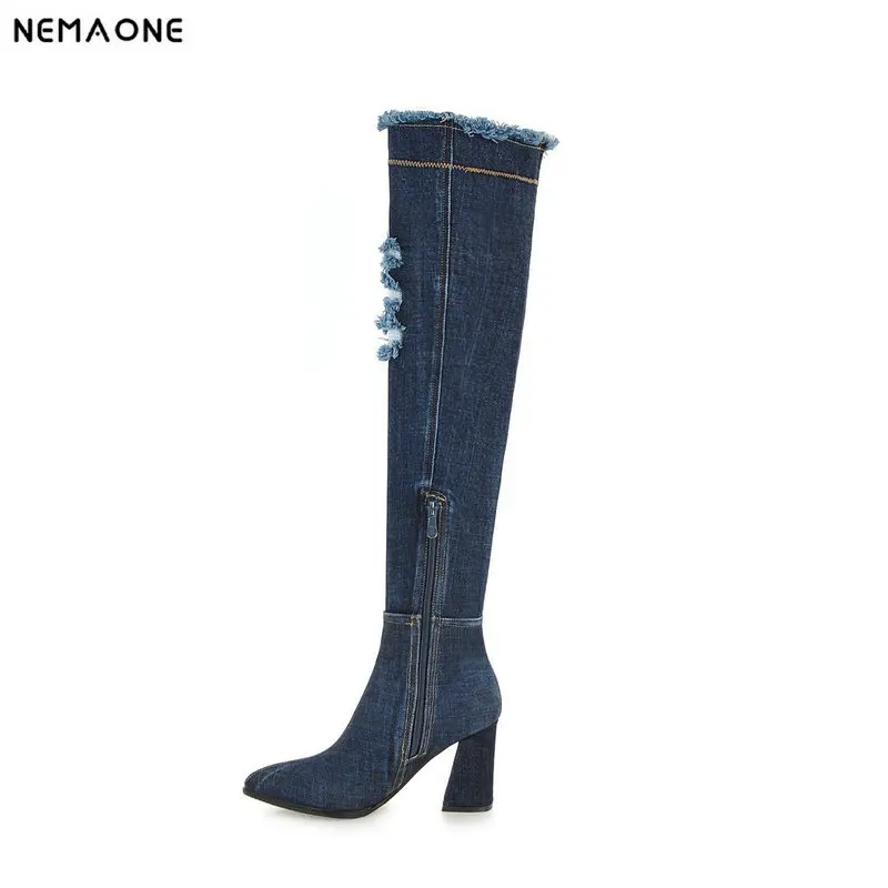 

New denim high Heels women over the knee boots poined toe ladies spring autumn Boots party dress shoes woman large Size 43