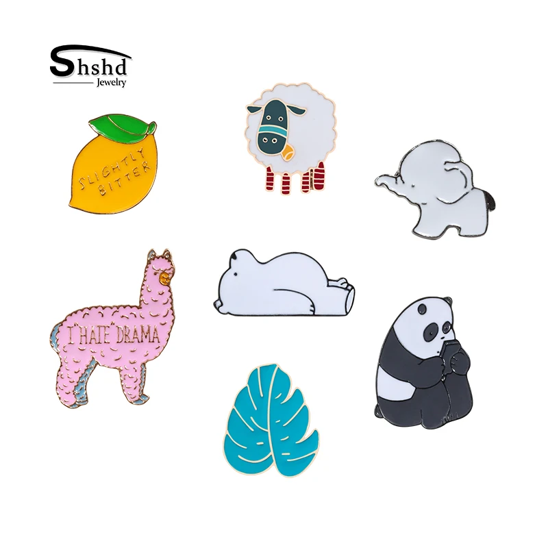 

shshd Cute Animals Brooches Leaf Lemon Panda Bear Sheep Elephant Enamel Pin Kawaii Alpaca Brooch Lapel Pin Badges Cool Jewelry