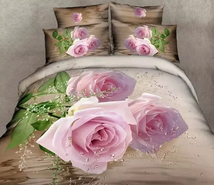 Rosa 3D subiu jogo de cama california king queen size lençol quilt doona capa de edredon colcha de algodão 100% de cama em um saco 5 pcs