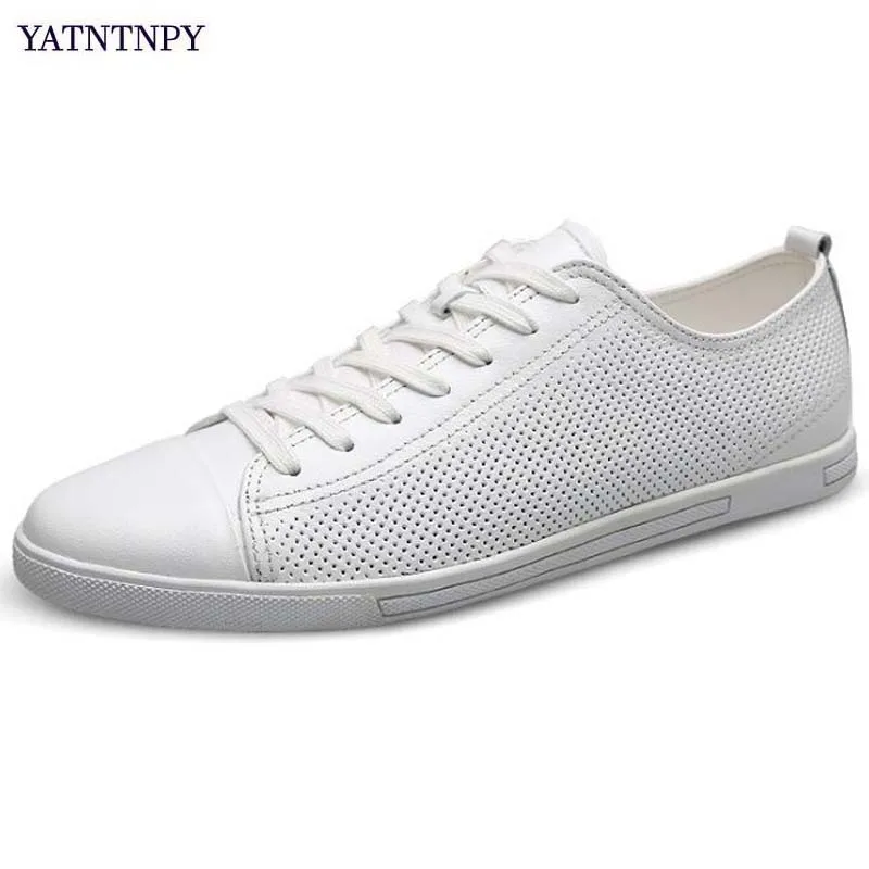 YATNTNPY/Брендовая обувь из натуральной кожи; мужская повседневная обувь; летняя дышащая мужская обувь на плоской подошве; большие размеры; мягкие белые и черные кроссовки