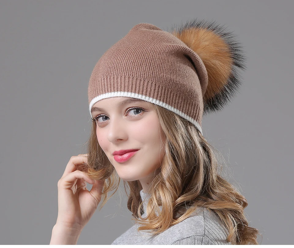 Winter Hats For Women Beanies Knitted Wool Pompon Beanies Female Real Raccoon Fur Pom Poms Hat For Girls 2018 (2)