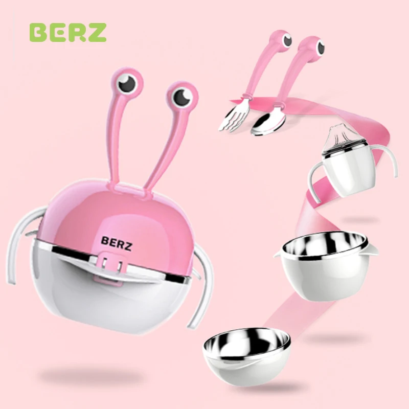 

BERZ Baby Dishes Bowl Cup Plates 5pc/set metal Tableware Set Creative Bowl Training Spoon Gift For Infant Toddler Children Dinne