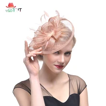 2019 Ladies Fascinator Hats Hemp Yarn Bride Wedding Hats and Fascinators for Women Elegant Church Hats Top Hat Feather Hair Clip