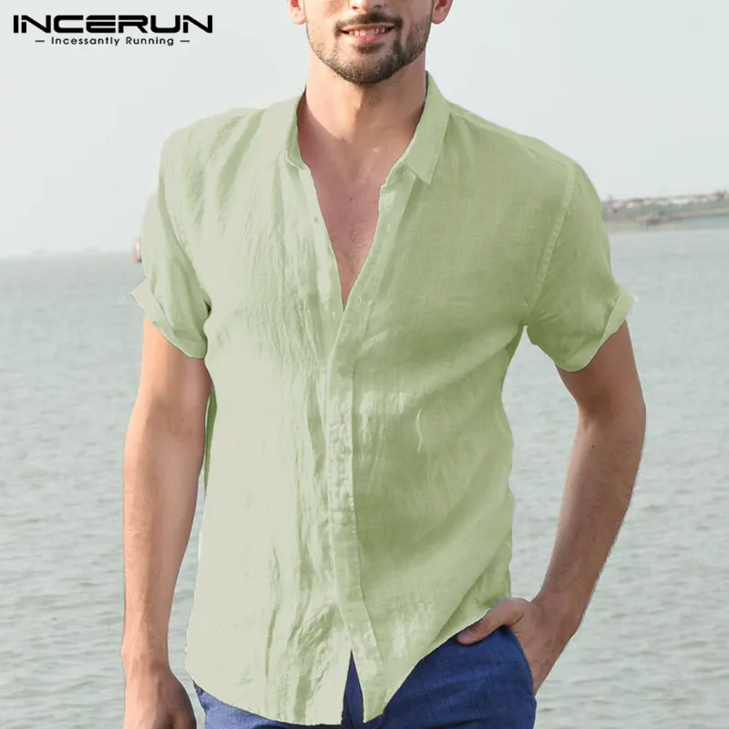 

INCERUN 2019 Men Shirt Solid Lapel Neck Short Sleeve Cotton Casual Brand Shirt Loose Business Shirts Men Camisa Streetwear S-5XL