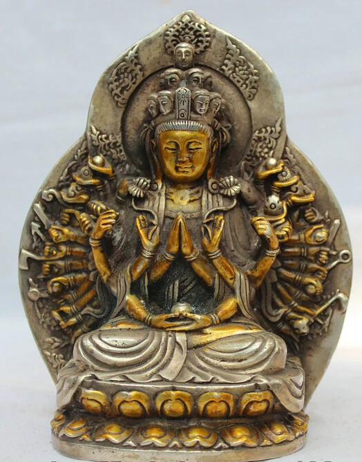 

6" Tibet Buddhism Silver Gild 1000 Arms Guanyin Avalokiteshvara Goddess Statue R0710 B0403