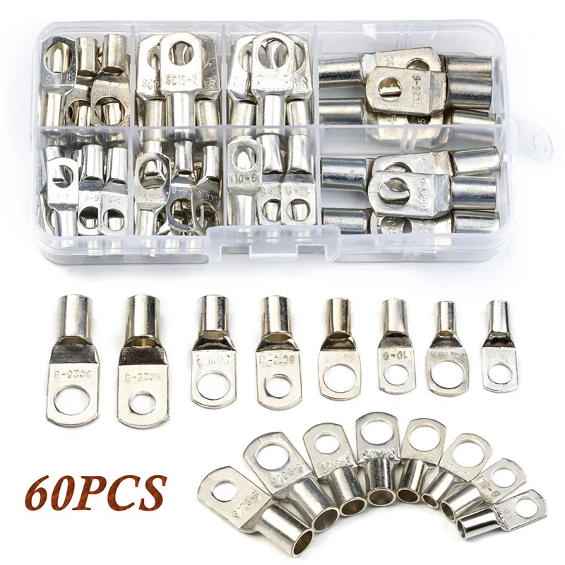 

60 PCS SC Tinned Copper Silver Ring Lug Wire Connectors Bare Cable Terminal With Box