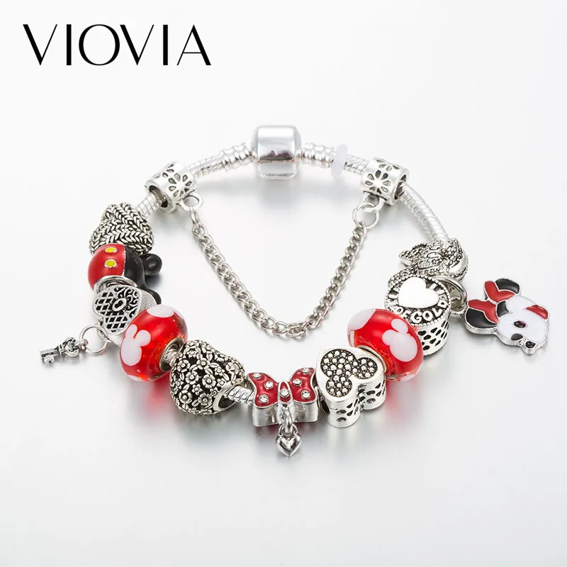 

VIOVIA 2019 Mickey Charm Bracelets & Bangles Women DIY Jewelry Minnie Bow-Knot Beads Fine Brand Bracelet for Women Gift