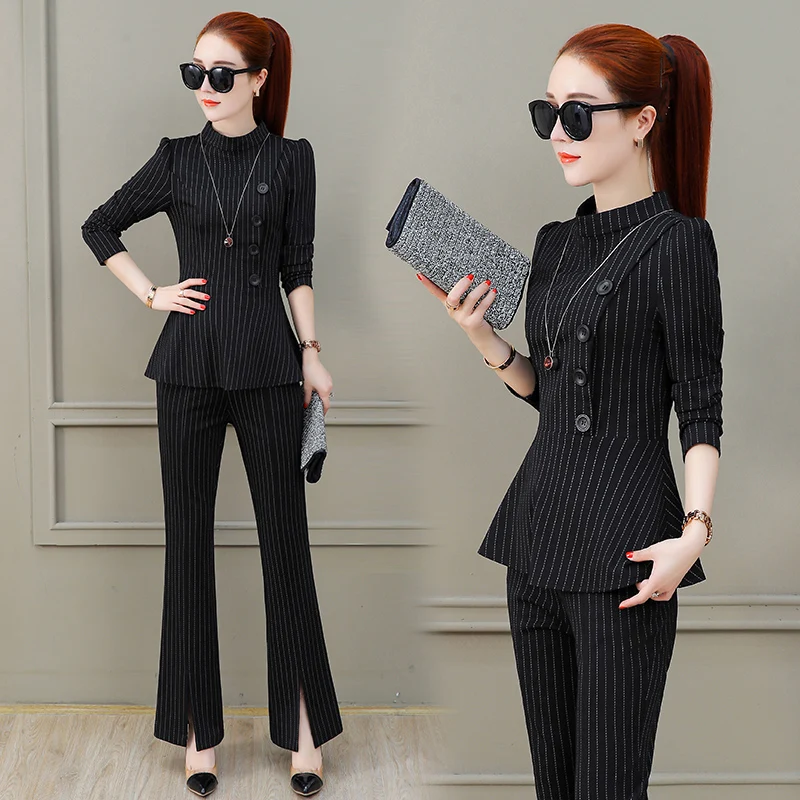 Women OL Suits Slim Fit Fashion Coats Blazer Korean Tops Pants Stripe Business