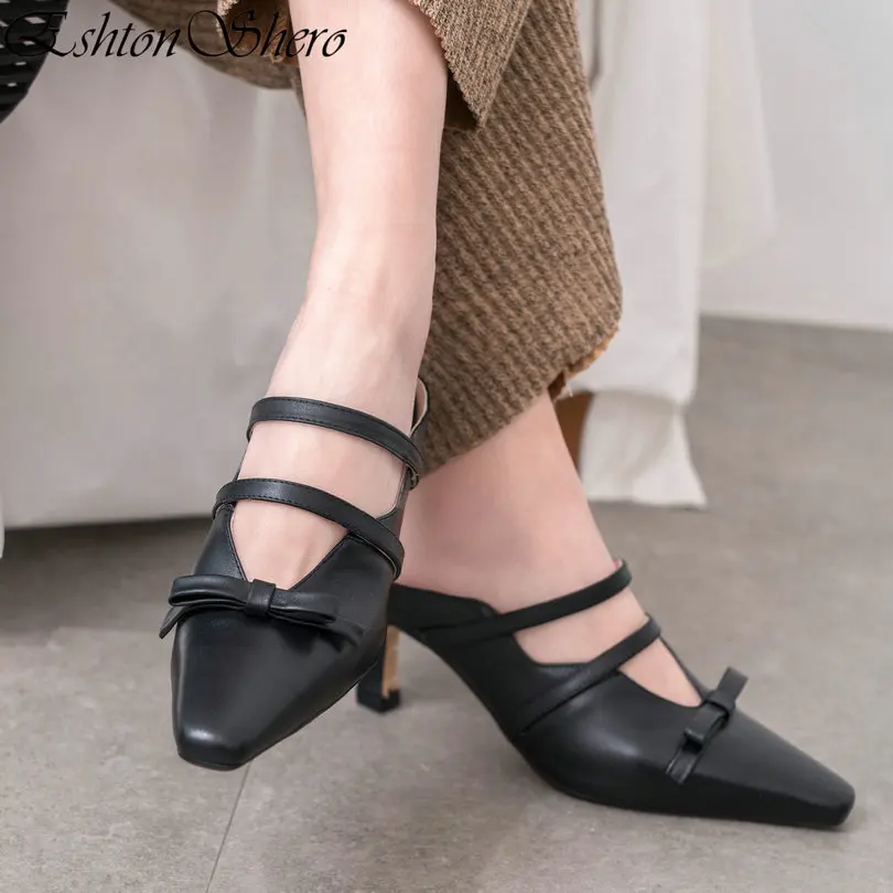 

EshtonShero Summer Woman Shoes Sandals Leather+PU Square Toe Thin High Heel Slip On White Ladies Wedding Beach Shoes Size 3-8