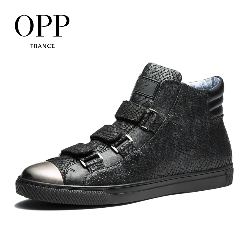 

OPP Snakeskin Men Shoes Ankle Boots Men Punk hop hip Metal Rivet High Top Men Boots Genuine Leather Sneakers Hook&Loop Shoes