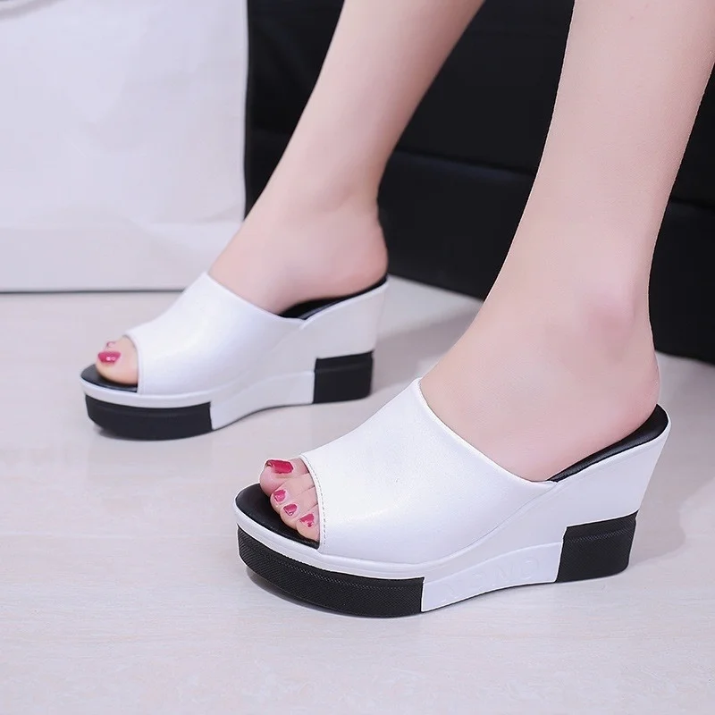 

Women's Mix Color 9cm Wedges High Heel Sandals Summer Open Toe Platform Slipper Sandals PU Leather Bohemian Beach Slide Sandals