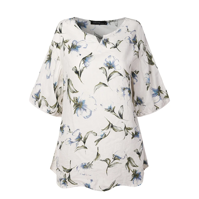 2019 New Summer Women Cotton Linen Top Blouse Soft Floral Print Loose Shirt Femme Casual O neck Plus Size Shirts Casual S-4XL