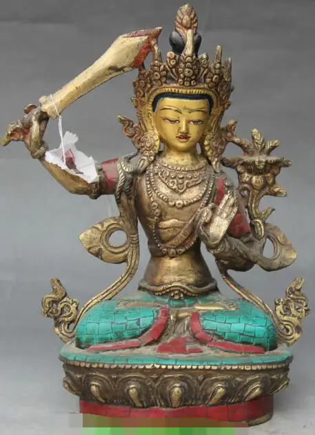 

S01692 Tibet Buddhism Turquoise Red Coral Bronze Gilt Wenshu Manjushri Goddess Statue B0403