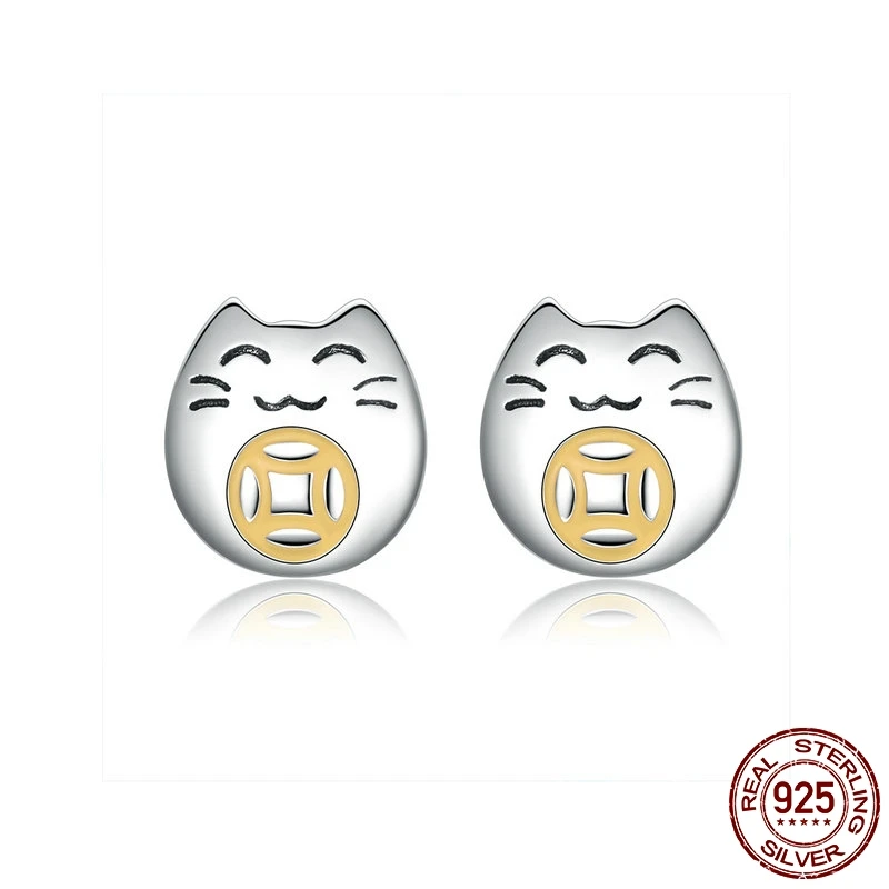

Genuine Lucky Cat Stud Earrings Woman 925 Sterling Silver Earrings Korean Jewelry Wedding Valentine's Day