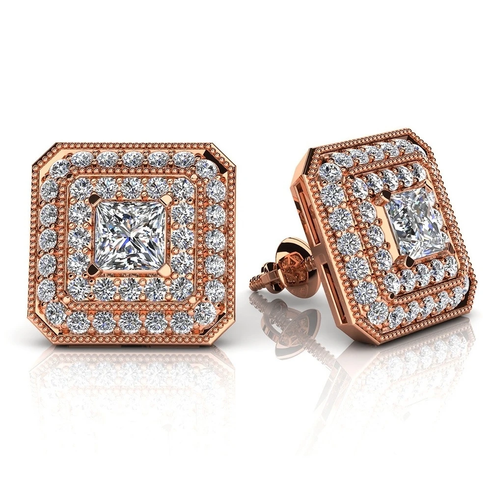Solid 10k Rose Gold 1.22 ct D VVS1 Square Princess Cut Halo Studs Earrings