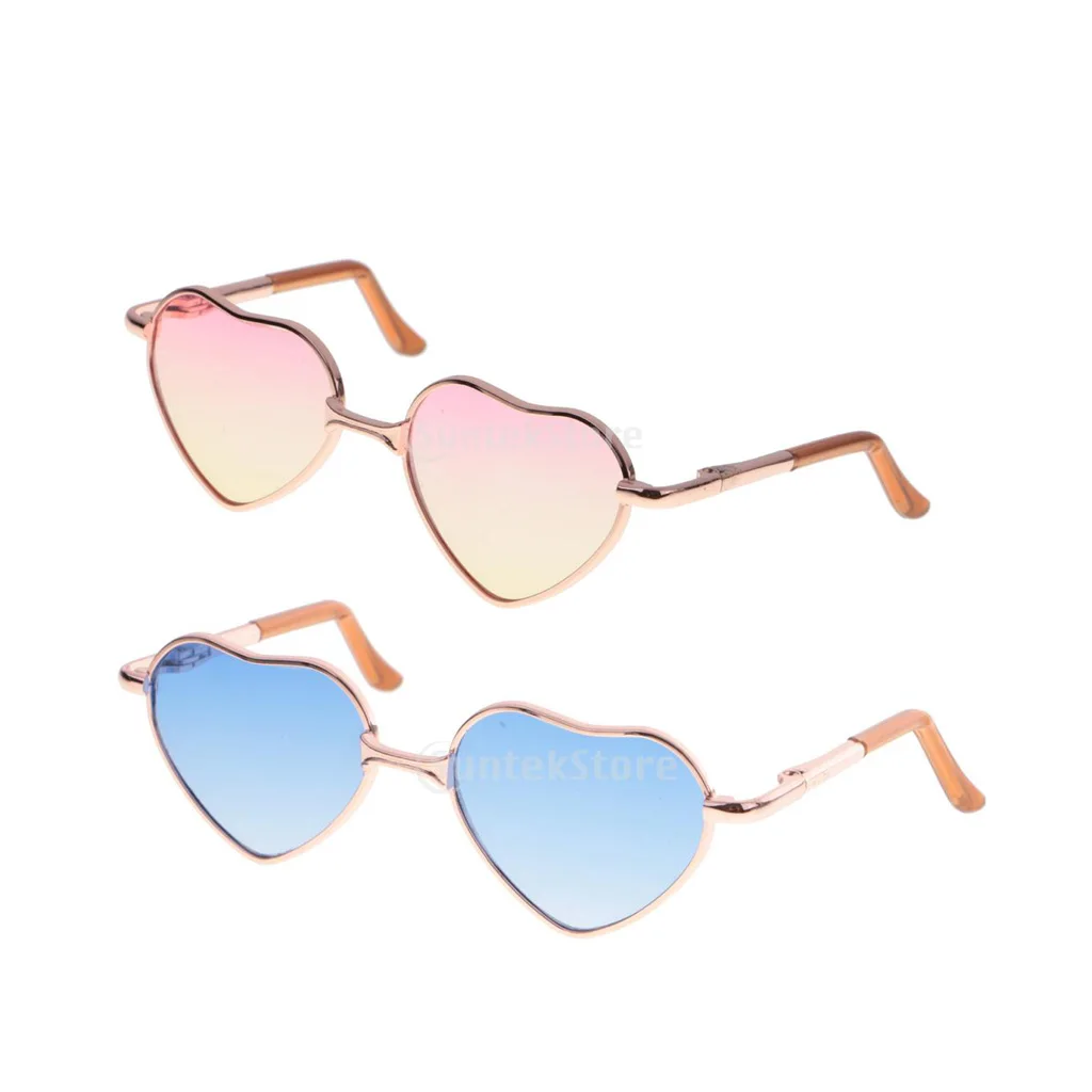 2 Pair Cute Gradient Colored 1/6 Heart Shaped Doll Glasses For 12 inch Blythe Doll Gold Frame, Pink+Blue