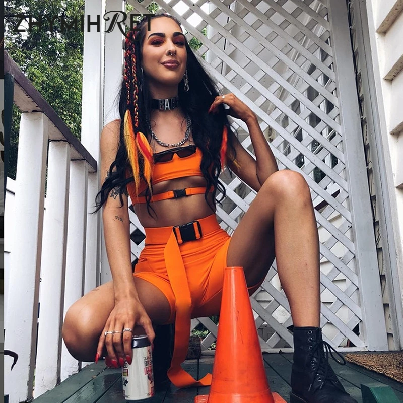 

ZHYMIHRET Neon Two Pieces Set Women Bandage Crop Top Shorts With Belt 2 Piece Outfits Hollow Out Tracksuit Conjuntos De Mujer