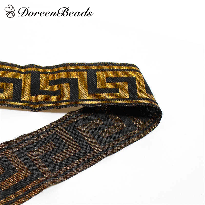 

DoreenBeads Gold Color Geometric Pattern Cotton Ribbon Trimming Vintage Style Home Textile Garment Sewing 33mm(1 2/8"), 1M 1 PC