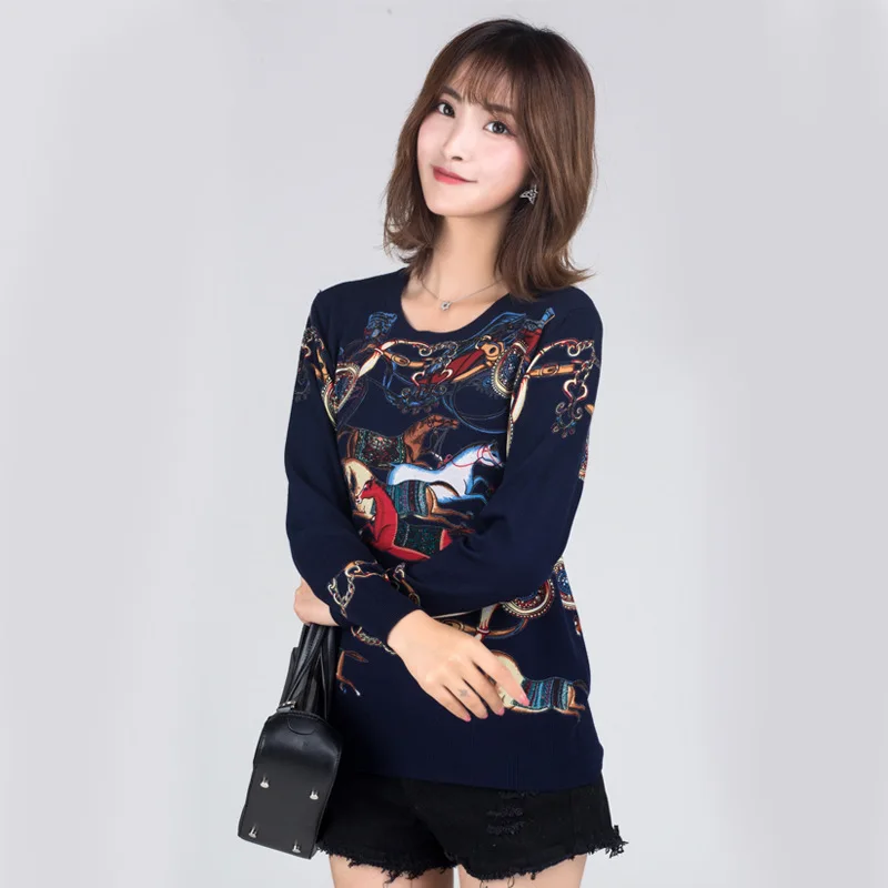 Winter Runway Sweater Women Luxury Brand Design Elegant Long-sleeve Loose Printed Sweater Knitted Pullovers Tops Feminino New