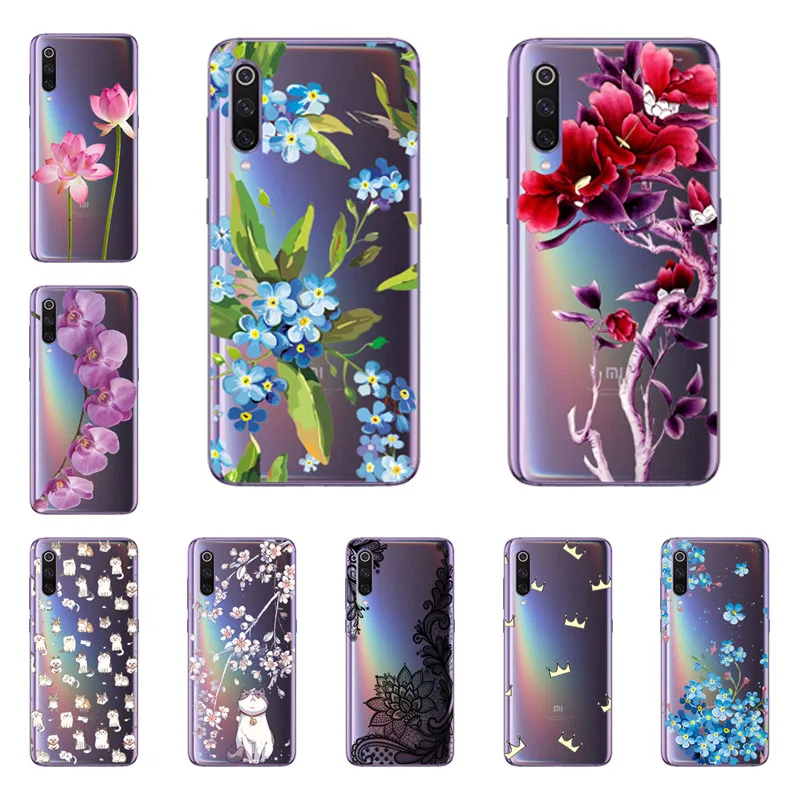 Xiaomi Mi 9 Case Silicon Black Painting Flower Soft TPU Back Cover for SE Protect Phone Cases Shell |