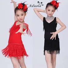 Танцы Одежда для девочек черный/красные детские Бальные платья S-4XL латинские костюмы для детей кисточкой конкуренция Танцевальный костюм