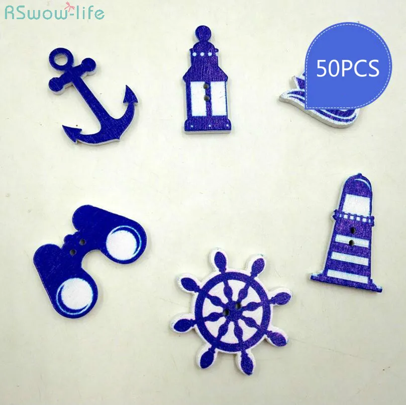 

50pcs Ocean Blue Navy Series Wooden Eco Buttons Two Hole Creative Buttons DIY Crafts Clothing Sewing Accessories