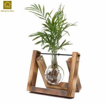 

Vintage Creative Hydroponic Plant Transparent Vase Wooden Frame Coffee Shop Room Glass Tabletop Plant Bonsai Decr QAB048