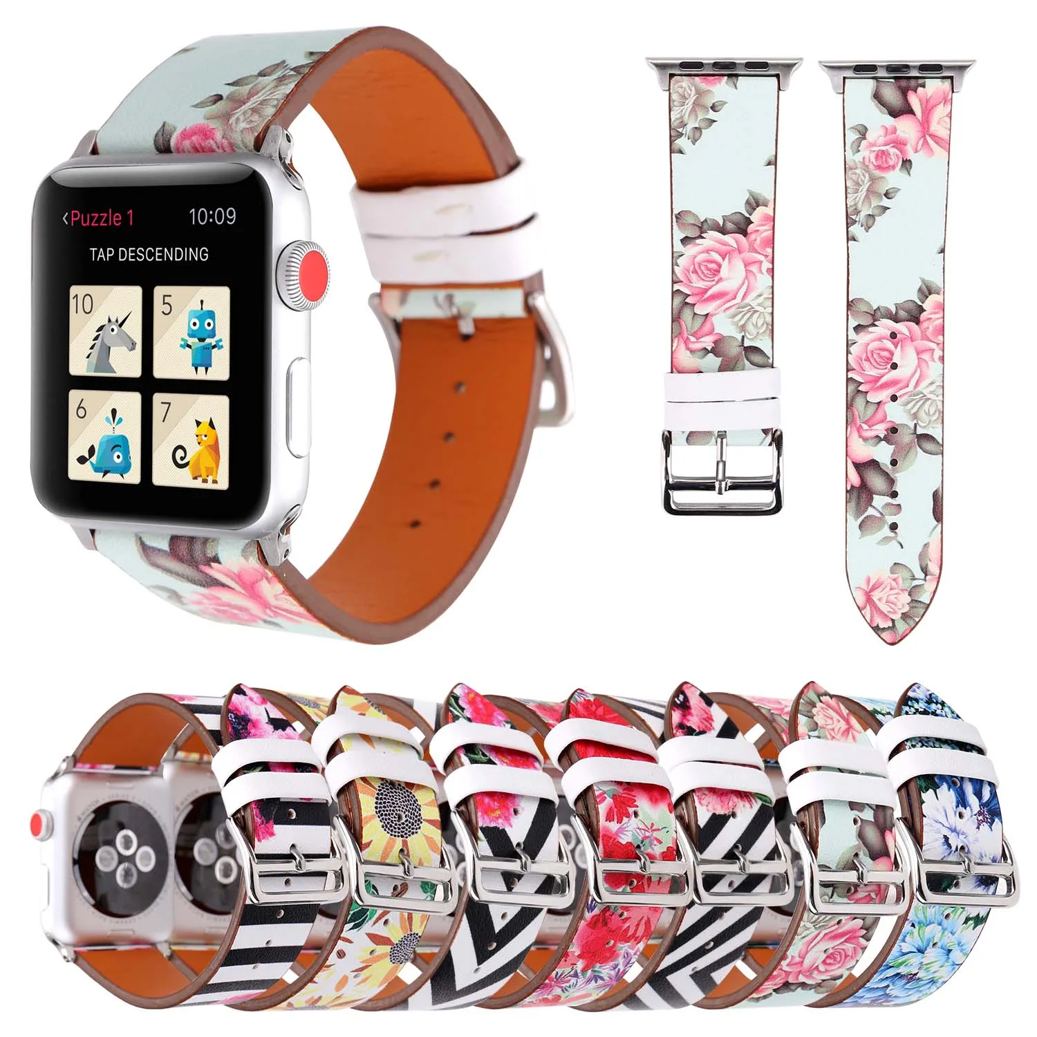 

Striped Peony Flowers PU Leather Band for Apple Watch Series 3 2 1 Wristbands iWatch 38/42mm Leather Strap Cherry Blossoms Belt