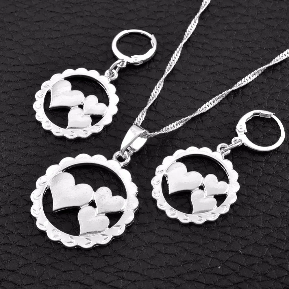 

Anniyo Hawaiian Heart Pendant Necklaces and Earrings Silver Color Micronesia Jewelry sets Trendy Gifts #118306B