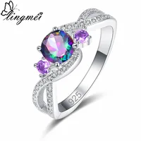 lingmei New Arrival Round Multicolor Purple & Green Pink White CZ Silver Color Ring Size 6 7 8 9 Popular Female Wedding Jewelry