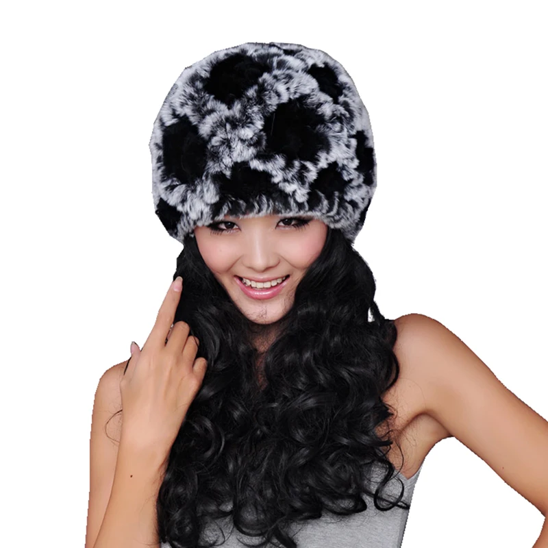 

Handmade Women's Fashion Natural Knitted Rex Rabbit Fur Hats Female Genuine Winter Women Caps Lady Headgear Beanies