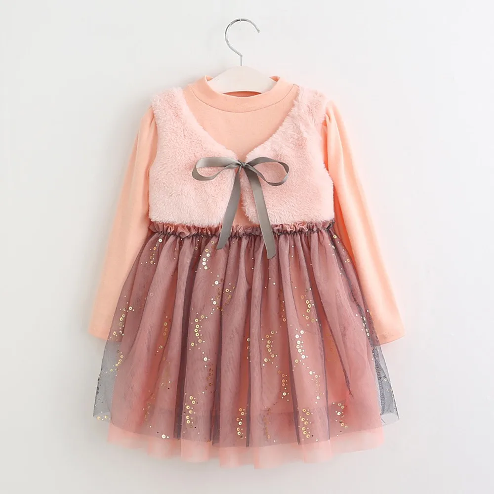 Cute Toddler Kid Baby Girl Solid Ruched Patchwork Bow Party Waistcoat Princess Dress Autumn Winter long sleeve baby dress