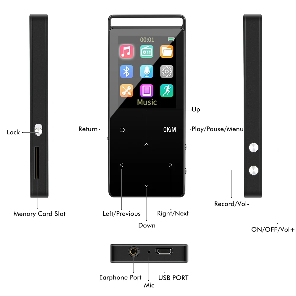 16G Bluetooth HiFi цифровой MP3 музыкальный плеер 50 часов воспроизведения аудио поддержка