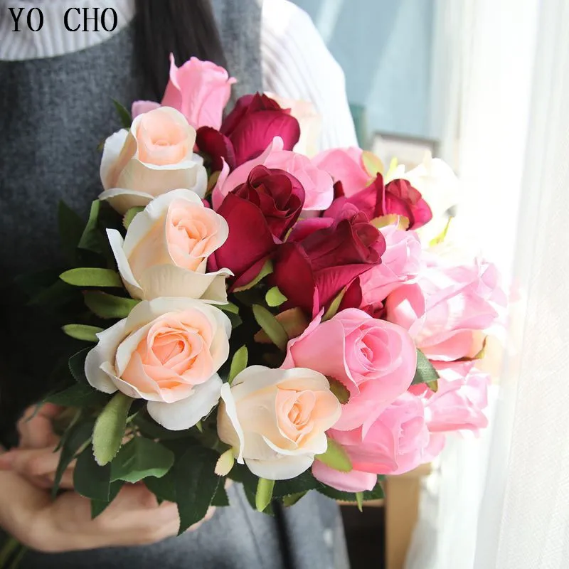 YO CHO 5pcs Artificial Flowers High Quality Samantha Rosebud Silk Flowers For Bridal Bouquet Wedding Decor DIY Gift Silk Flower