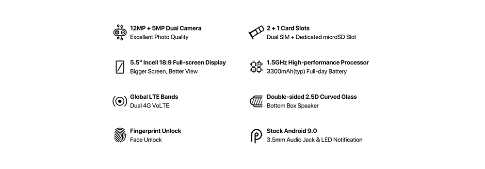 UMIDIGI A3, Android 9,0, глобальная полоса, 5,5 дюймов, incell HD+ дисплей, 2 ГБ+ 16 ГБ, смартфон, четырехъядерный, 12 Мп+ 5 МП, разблокировка лица, двойной, 4G, мобильный телефон