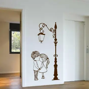 

Wall Decal Vinyl Sicker Street Lamp Post Light with Two Lovely Cute Boy And Girl Couple Wall Art Mural Living Room Decor WW-232