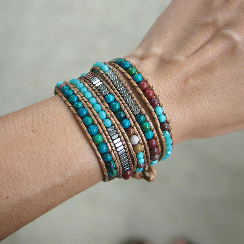 

Boho Style Natural Stone Beadwork Wrap Bracelet on Brown Cord with Tree of Life Button