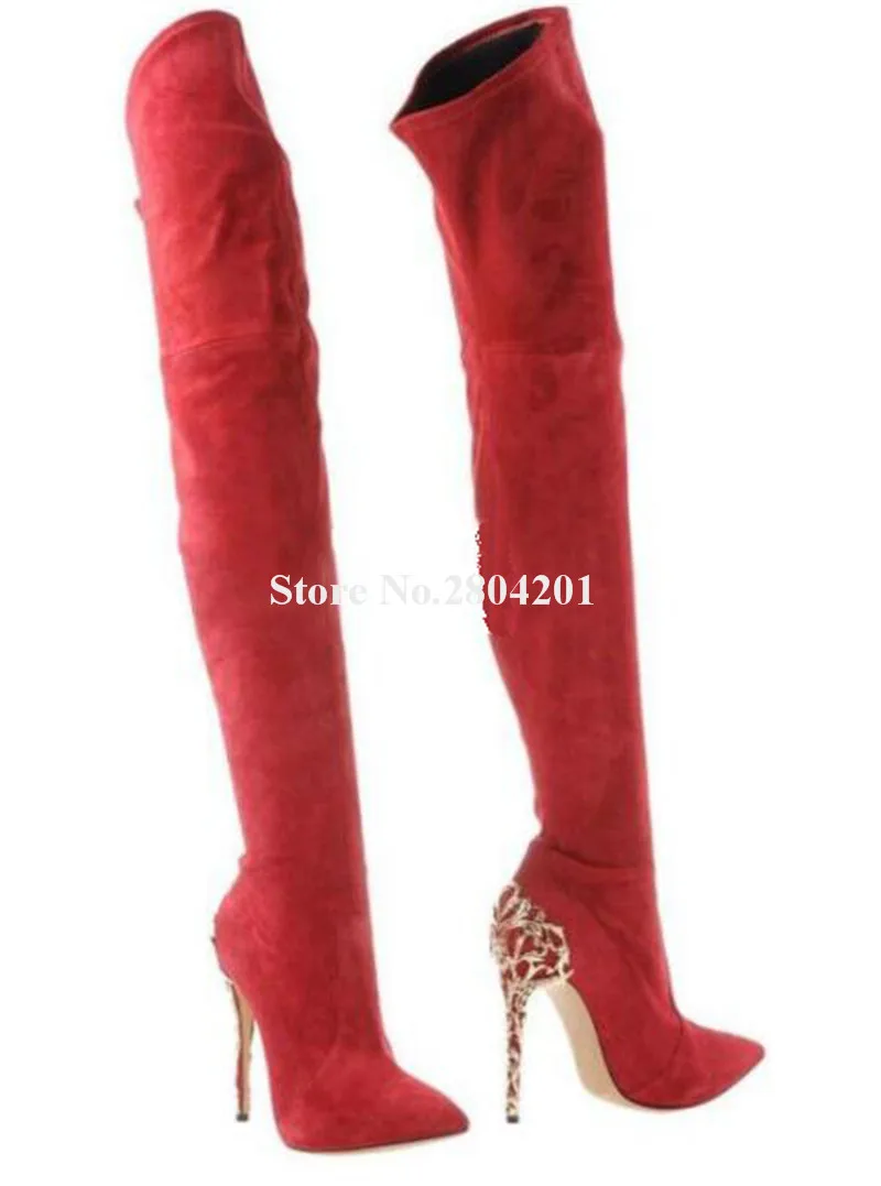 

New Designer Women Sexy Pointed Toe Suede Leather Gold Metal Caged Heel Over Knee Boots Slim Bandage High Heel Long Boots