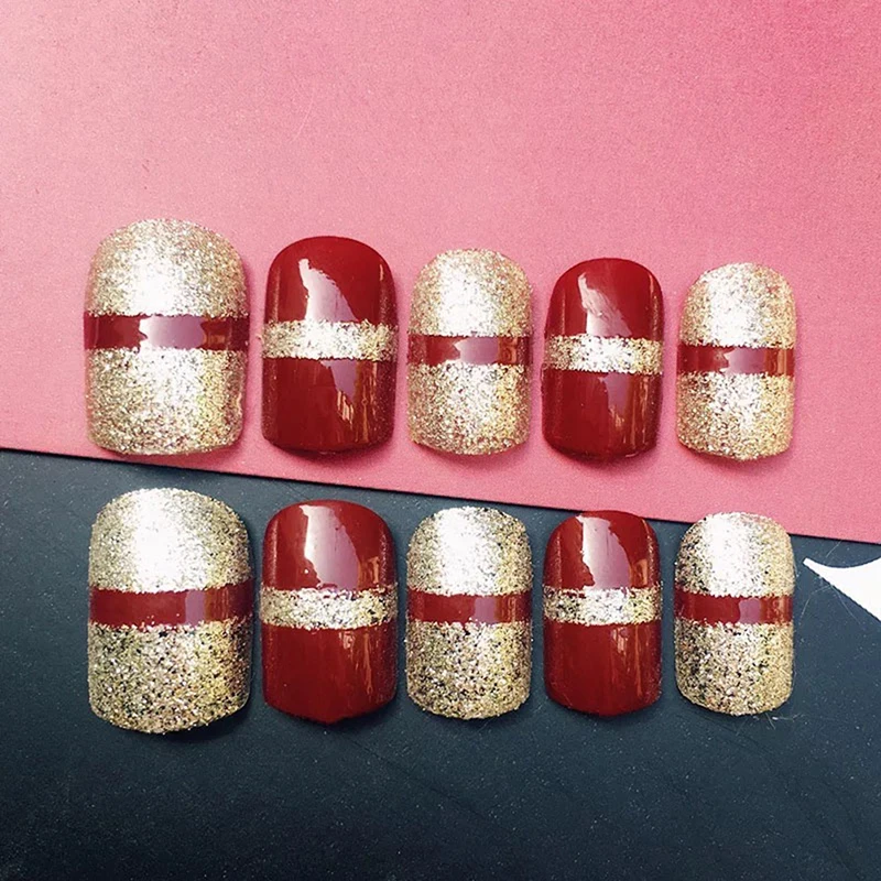 24pcs Short Wine Red False Nails With Golden Glitter Champagne Nail Art Short Wedding Nail Tip Full Nail Polish + 2g Glue