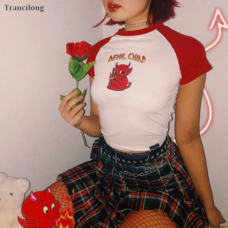 

Trancilong Summer New Cotton Short-Sleeved T-Shirt 2019 Exposed Umbilical Female Devil Print Pattern Women'S Shirts Streetwear