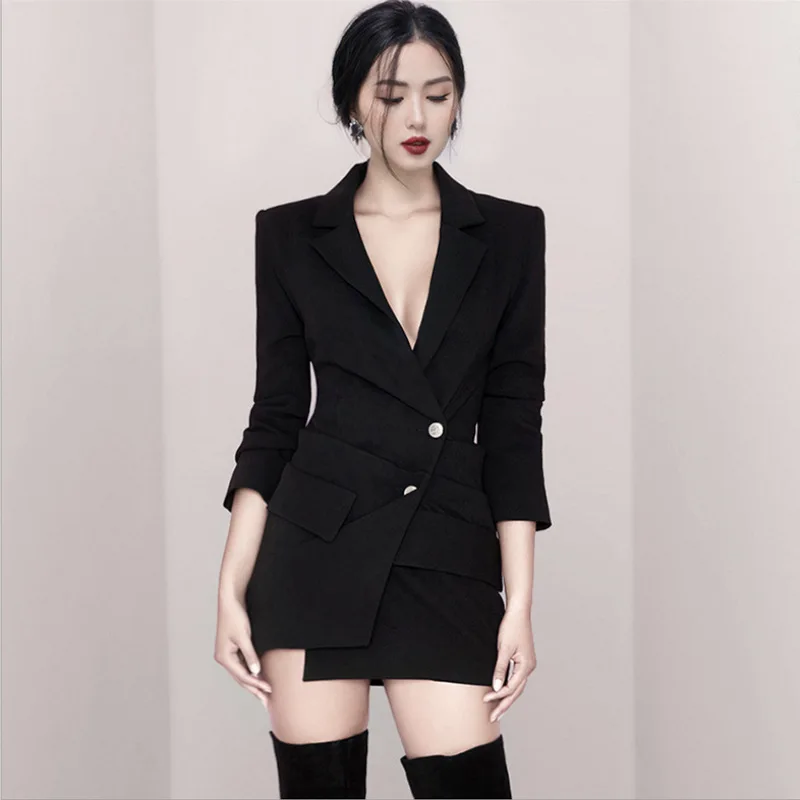 

[EWQ] New Style Spring Autumn Black Patchwork Single Breasted New Pattern Lady Of Quality Short Loose Suit Coat Women AD141