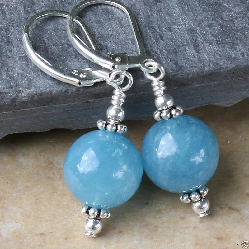

wb003 Fashion Handmade 12mm Blue Aquamarine Round Beads Leverback Earrings 100% SOLID .925 SILVER HOOKS