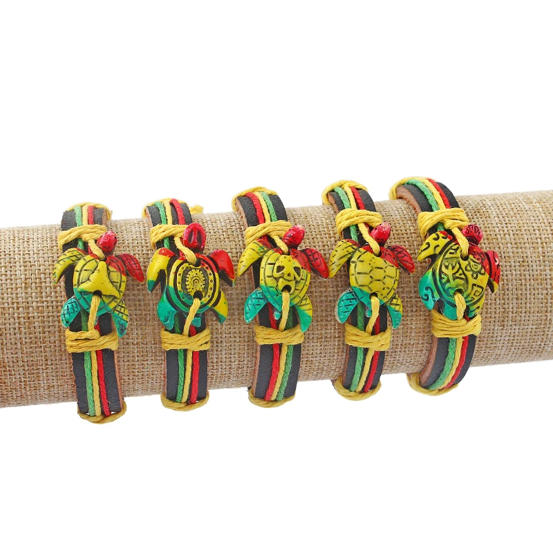 

5Pcs Rasta Taino Frog Skull Turtle Surfer Charm Leather Bracelet Bangle