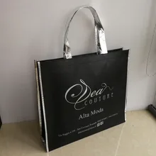 Оптовые продажи 500 шт/партия заказной нетканый тоут сумки с Серебряный Логотип стиль хозяйственные сумки с Серебристые, лазерные границы и ручки