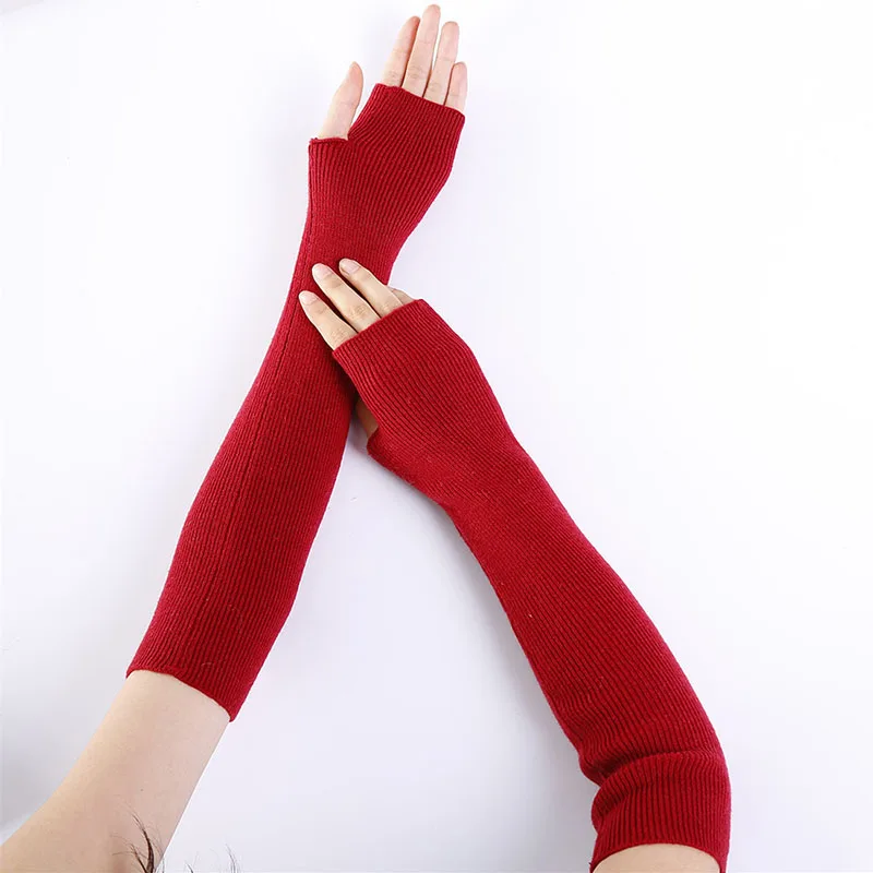 Новые женские зимние длинные перчатки DIY из тонкой шерсти вязаные теплые митенки без пальцев женские перчатки - Цвет: Red